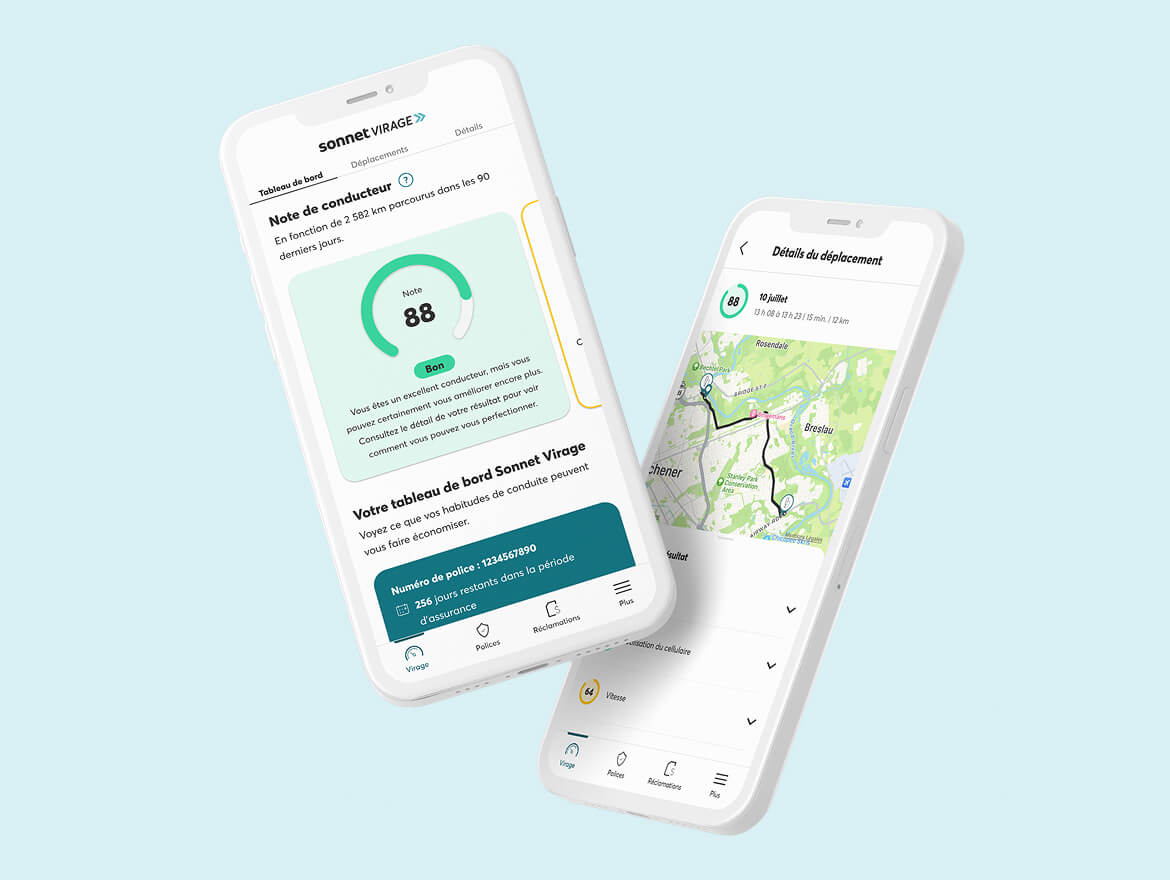 Sonnet Shift usage-based insurance app screens showing a good driving score and tips.