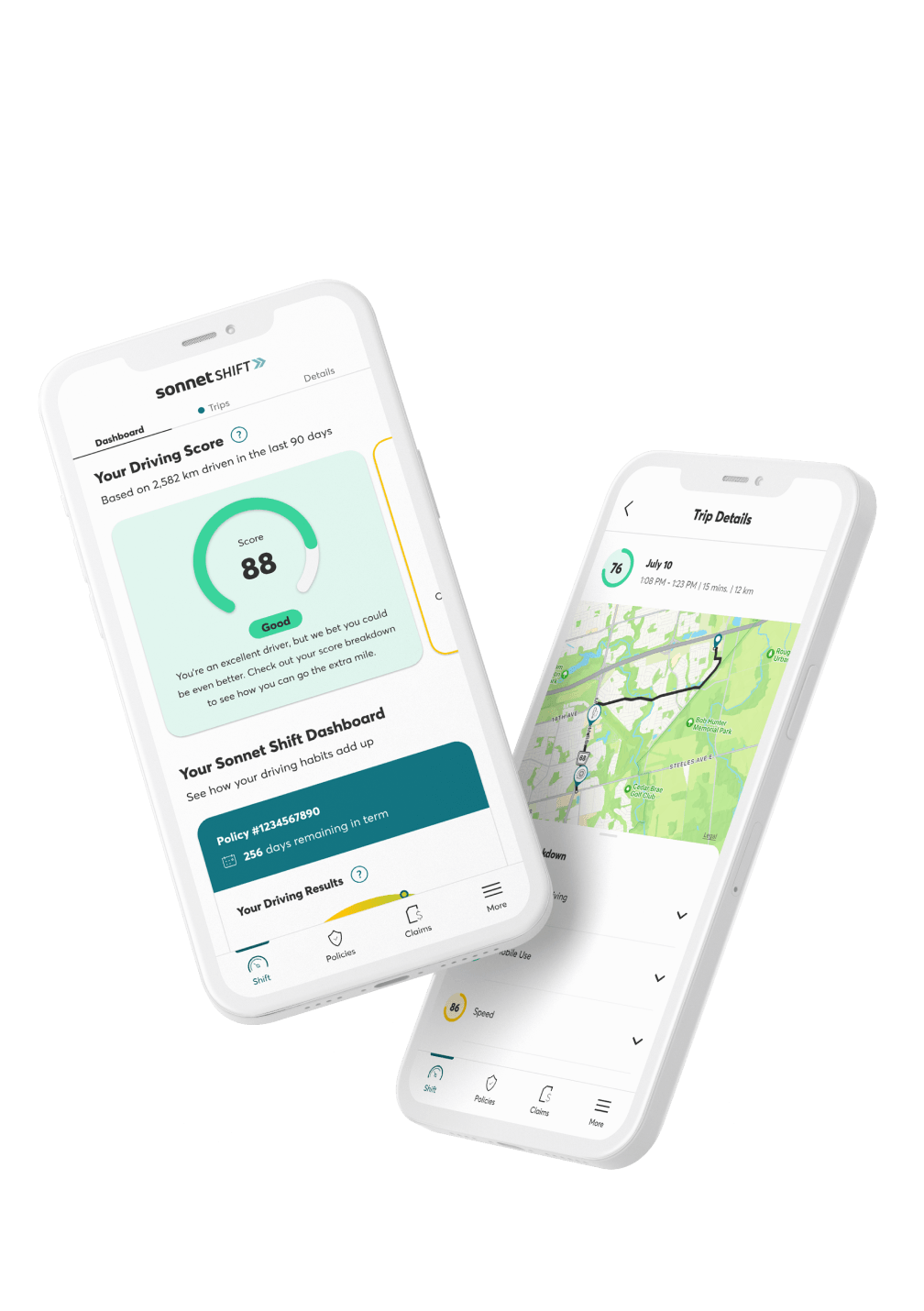 Sonnet Shift usage-based insurance app screens showing a good driving score and tips