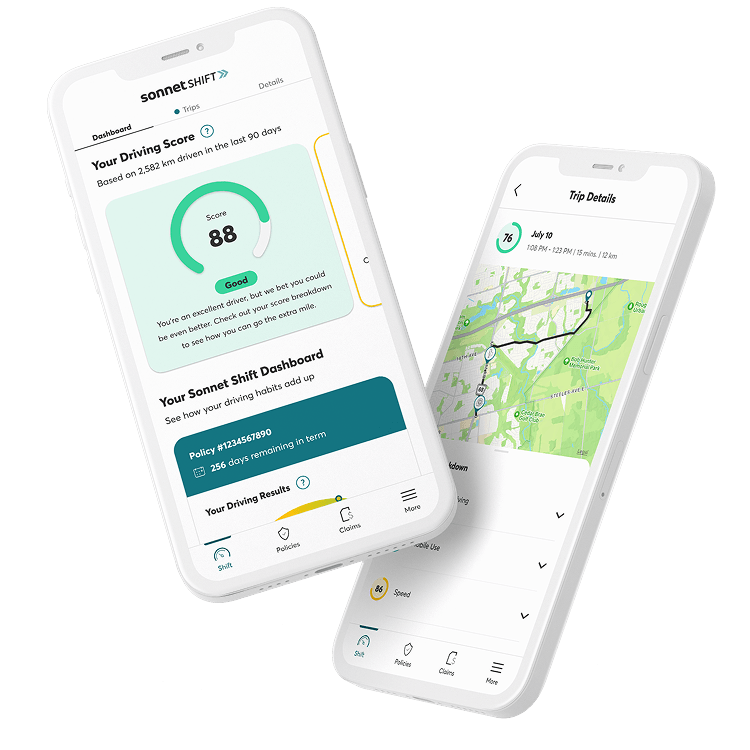 Sonnet Shift usage-based insurance app screens showing a good driving score and tips.